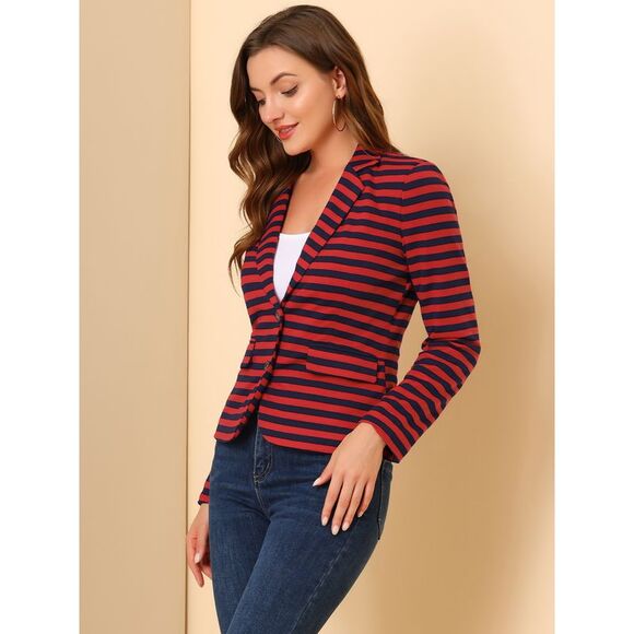 Notched Lapel Pocket Button Closure Striped Blazer Red Blue - Picture 4 of 6